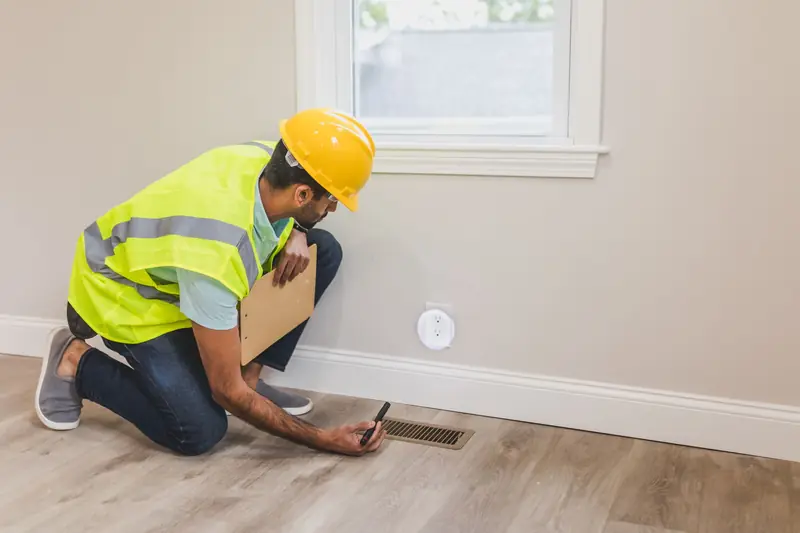 Electrical contractor kneeling to check a wall outlet in a home